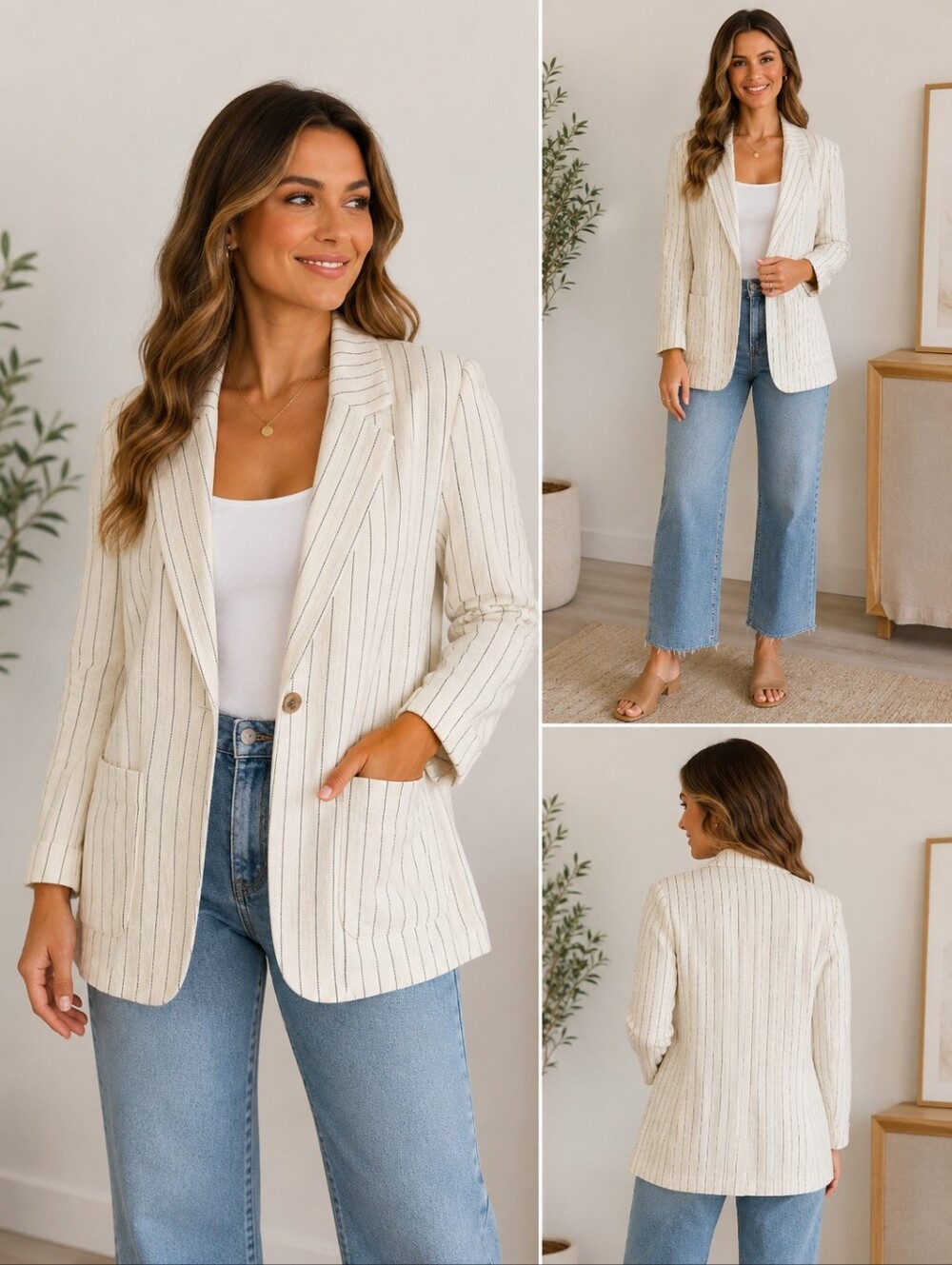 Women's Cream and Black Striped Blazer